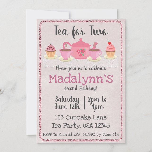 Thé pour deux deuxième invitation rose anniversair (Devant)