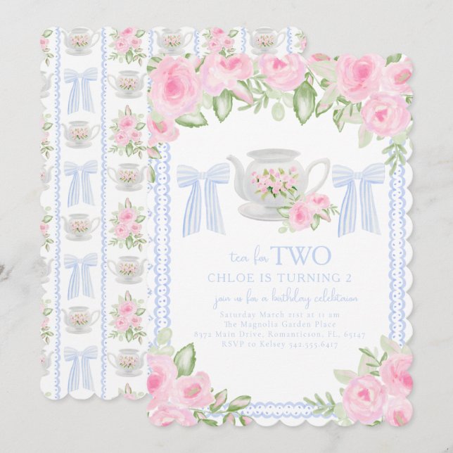 Thé pour deux Grandmillennial Birthday Invitation (Devant / Derrière)