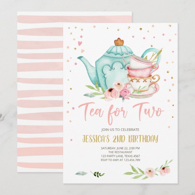 Thé pour deux Invitations d'anniversaire Floral Te (Devant / Derrière)