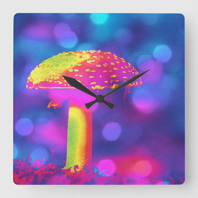 The Psychedelic Mushroom Quadratische Wanduhr (Vorderseite)