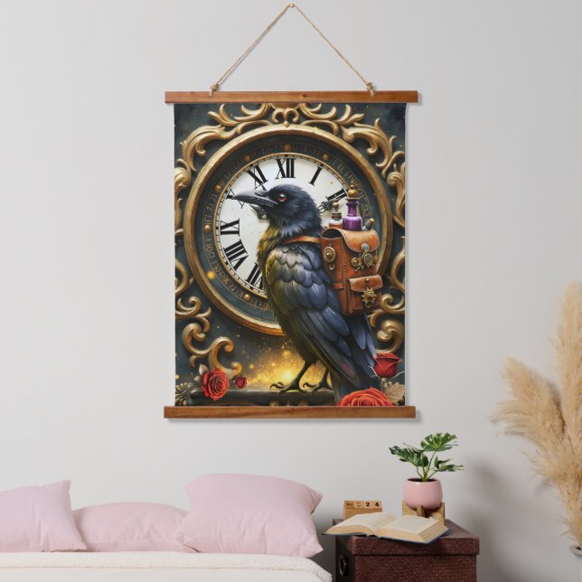 The Raven’s Clockwork Delivery  Wandteppich Mit Holzrahmen (Schlafzimmer)