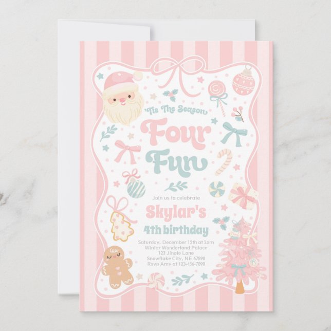 The Season Four Fun Christmas Bow 4th Birthday Einladung (Vorderseite)