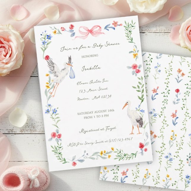 The Stork Heirloom Rose & Ribbon Baby Shower Einladung (Von Creator hochgeladen)