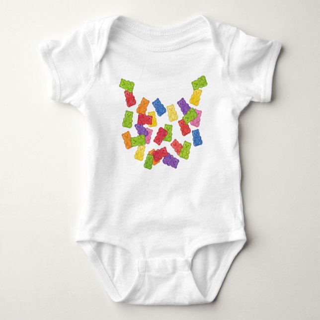 The Sweetest Bib" - Falling Rainbow Gummy Bear Nec Baby Strampler (Vorderseite)