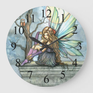 The Thinker Fairy and Owl Fantasy Art Clock Große Wanduhr