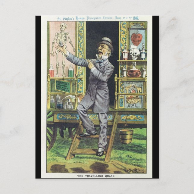 "The Traveling Quack" Schlangenöl-Verkäufer Postkarte (Vorderseite)