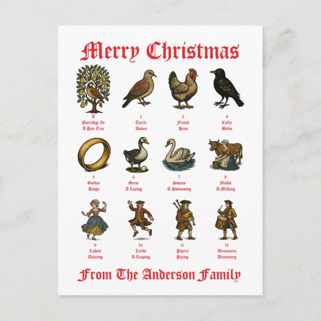 The Twelve Days Of Christmas Feiertagspostkarte (Vorderseite)