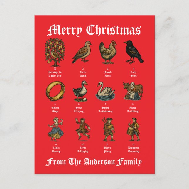 The Twelve Days Of Christmas Feiertagspostkarte (Vorderseite)