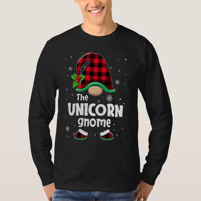 The Unicorn Gnome Buffalo Plaid Christmas Matching T-Shirt (Vorderseite)