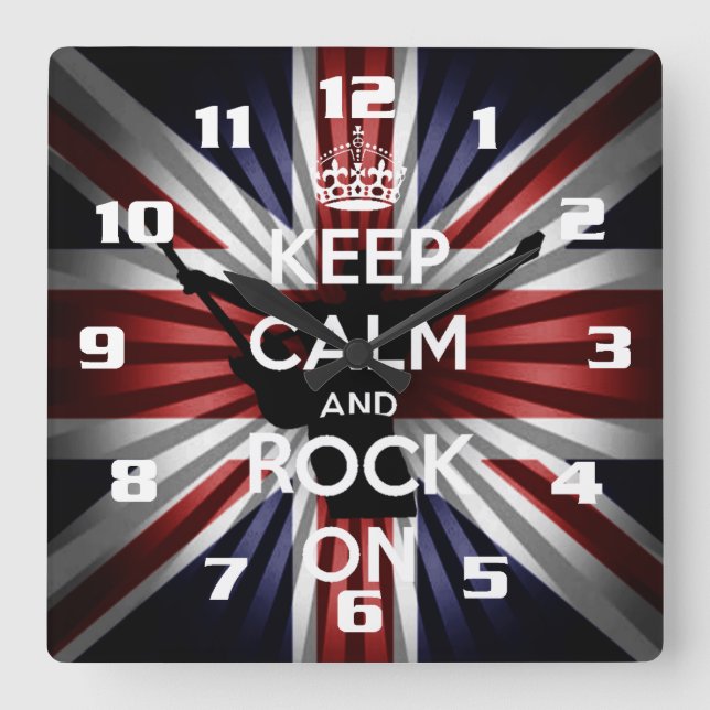 The union Jack and Keep calm and Rock On Quadratische Wanduhr (Vorderseite)