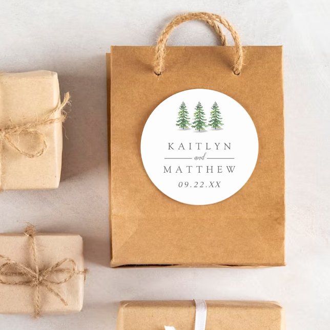 The Watercolor Pine Tree Forest Wedding Collection Runder Aufkleber (Von Creator hochgeladen)