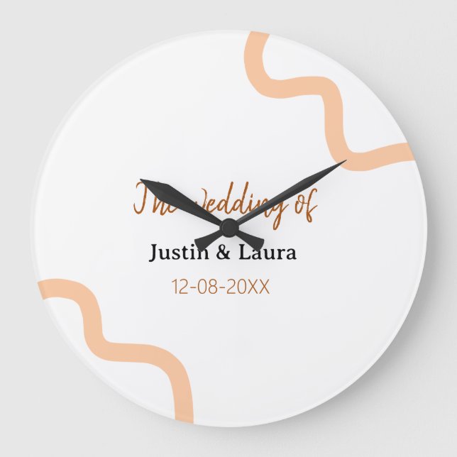 The wedding of add bride groom name date peach große wanduhr (Vorderseite)