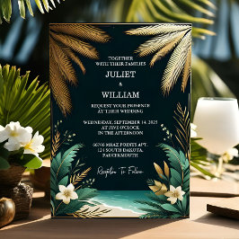 The Wreath Palm Tree Beach Green And Gold Wedding Einladung