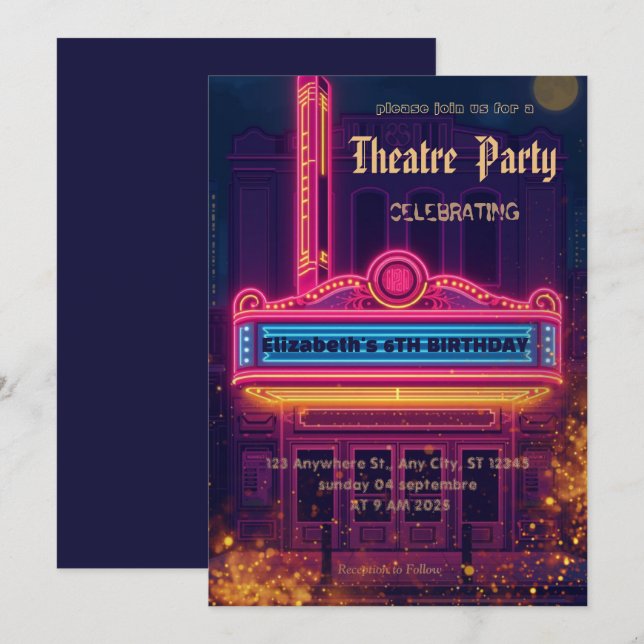 Theatre Marquee Party Invitation – Birthday invite (Devant / Derrière)