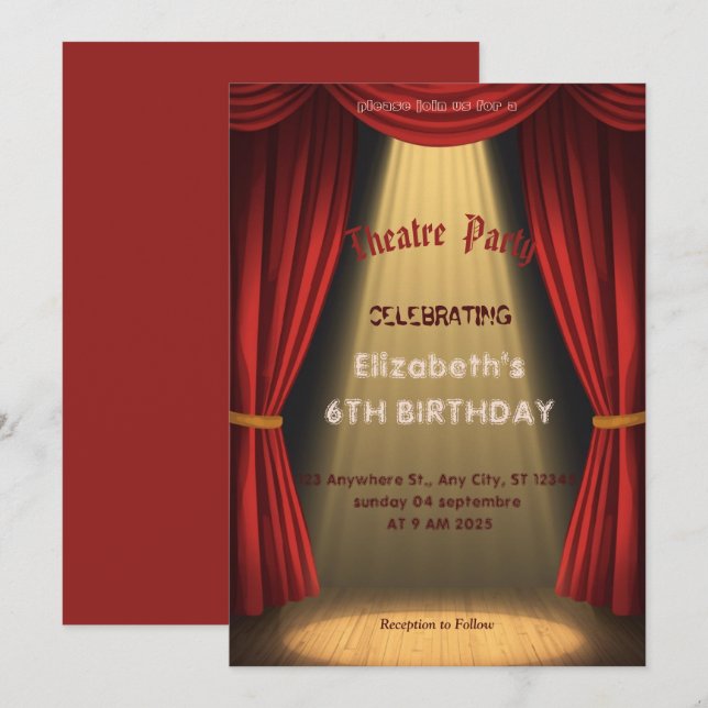 Theatre Marquee Party Invitation – Birthday invite (Devant / Derrière)