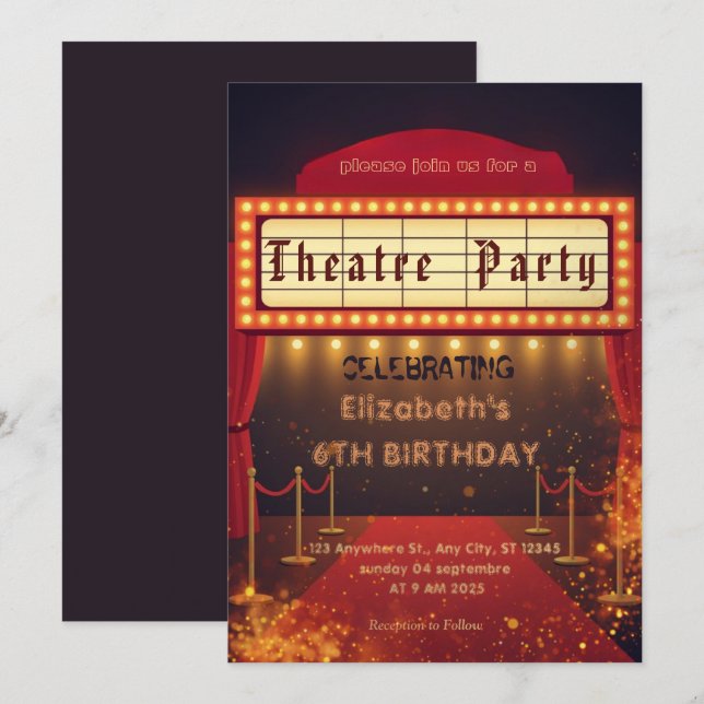 Theatre Marquee Party Invitation – Birthday invite Einladung (Vorne/Hinten)