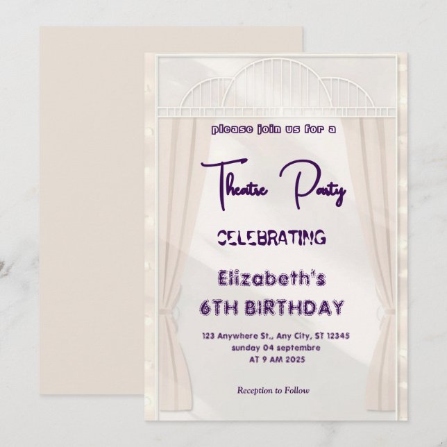 Theatre Marquee Party Invitation – Birthday invite Einladung (Vorne/Hinten)