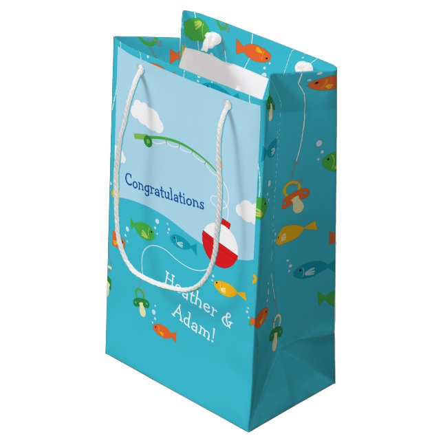 Thema Fischerei Kinderdusche für Fischer Kleine Geschenktüte (Rückseite Schrägansicht)