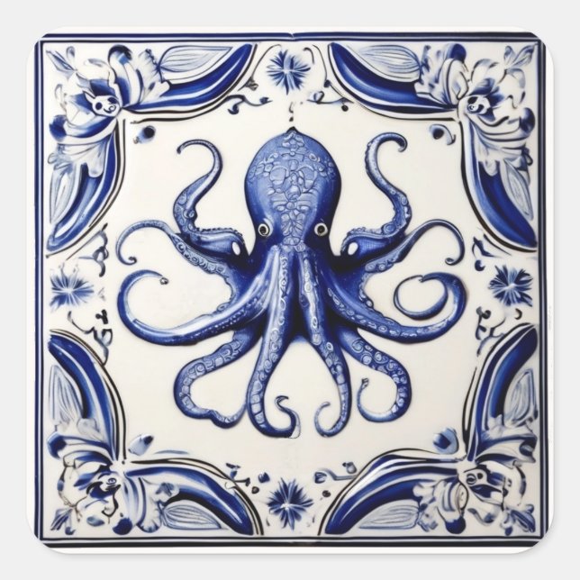 Thema "Octopus Blau und Weißer Meer" Quadratischer Aufkleber (Vorderseite)