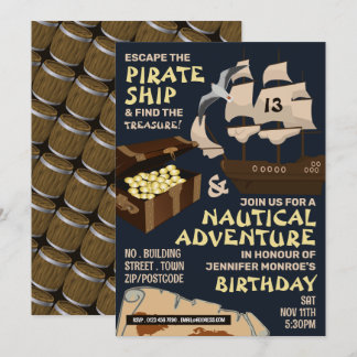 Thema Piratenschiff, Escape Room, Geburtstagsparty Einladung