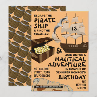Thema Piratenschiff, Escape Room, Geburtstagsparty Einladung