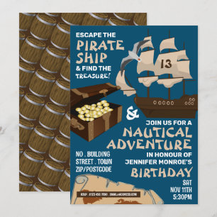 Thema Piratenschiff, Escape Room, Geburtstagsparty Einladung