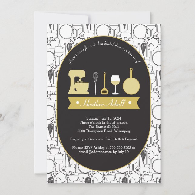 Thème cuisine Douche nuptiale Invitations or noir (Devant)