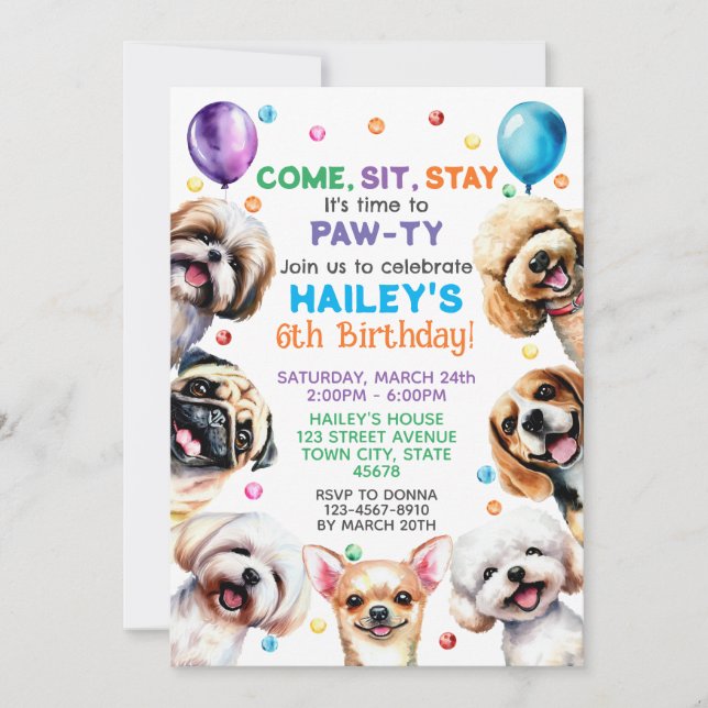 Thème de chien 6e anniversaire Fête Invitation (Devant)