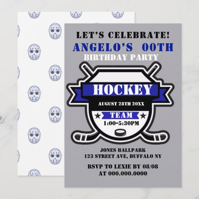 Thème de hockey bleu Invitations de la fête d'anni (Devant / Derrière)