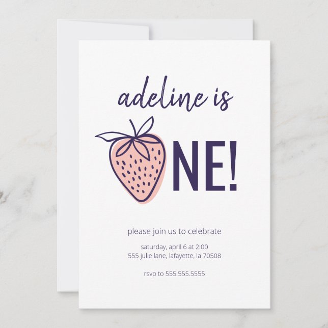 Thème fraise Premier anniversaire Invitations de f (Devant)