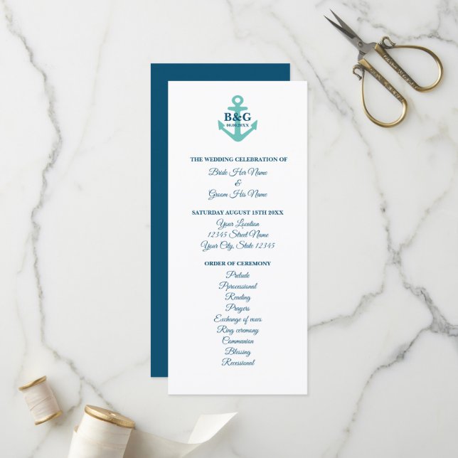 Thème nautique mariage programme de cérémonie modè (Devant/Arrière en situation)