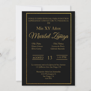Thème noir et or Quinceanera invitation