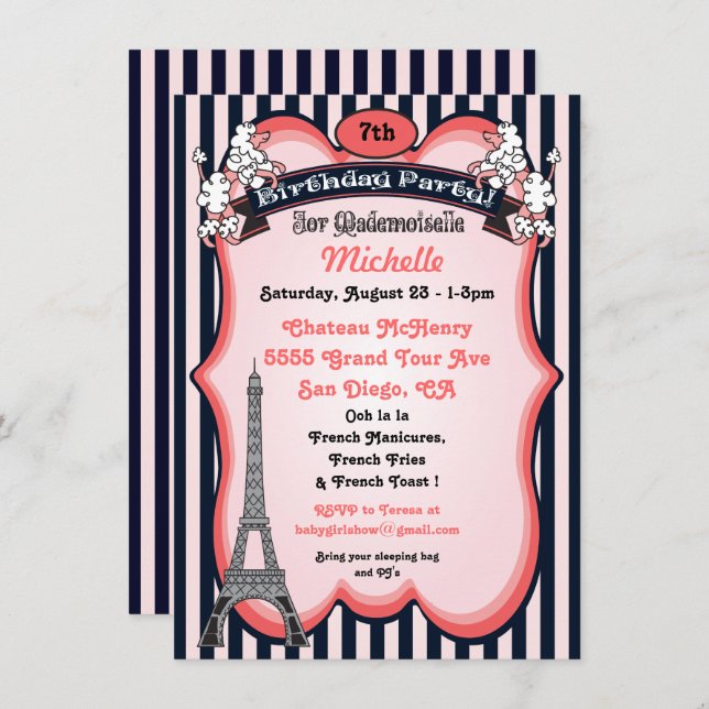 Thème Paris Anniversaire Invitations (Devant / Derrière)