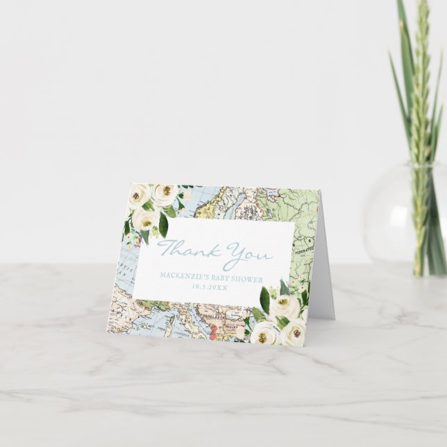 Thème Voyage Baby shower Carte Bleue Merci (Devant)