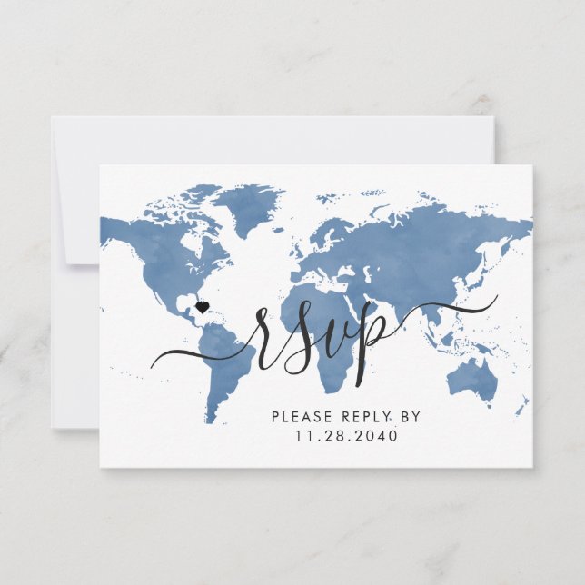Thème Voyage Carte du monde bleu carte RSVP (Devant)