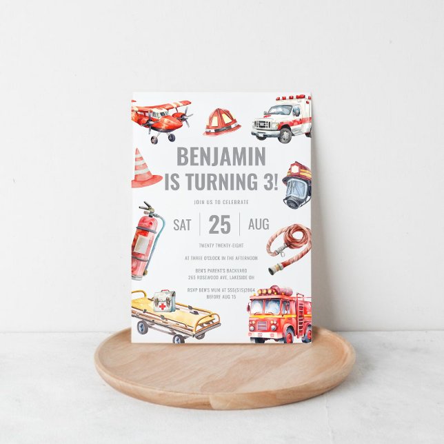 Themed Boys - Party zum Feuerwehren Einladung (Firefighter Rescue Themed Boys 3rd Birthday Party Invitation)