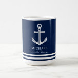 Themed nautischindividueller Name des Anker-| Kaffeetasse<br><div class="desc">Eine völlig kundengerechte und des Spaßes Tasse mit einem einzigartigen Seethema.  Es kennzeichnet einen Anker,  der in der Mitte und in einer tiefen dennoch vibrierenden Marine und in einem weißen Farbschema zentriert wird.</div>