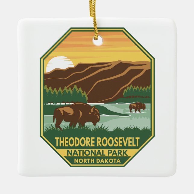Theodore Roosevelt Nationalpark Bison Retro Keramikornament (Vorderseite)