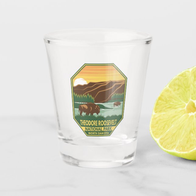 Theodore Roosevelt Nationalpark Bison Retro Schnapsglas (Vorderseite)