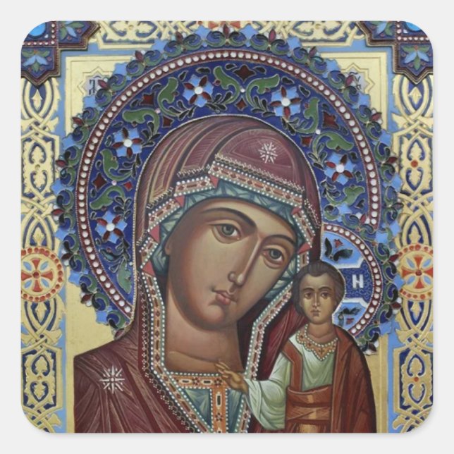 Theotokos und Christenkind mit Verzierten Rahmen Quadratischer Aufkleber (Vorderseite)