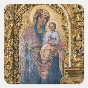 Theotokos und Christusknabe mit aufwendigem Goldra Quadratischer Aufkleber