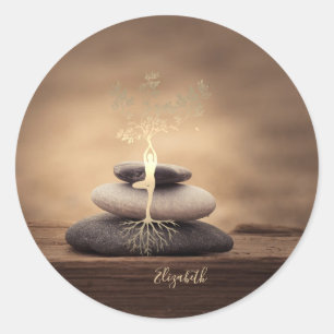 Therapeut Zen Steine, Goldene Baum-Silhouette Brau Runder Aufkleber