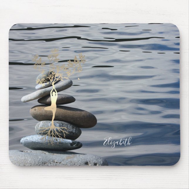 Therapeut Zen Stones, Goldbaum-Silhouette, Meer Mousepad (Vorne)