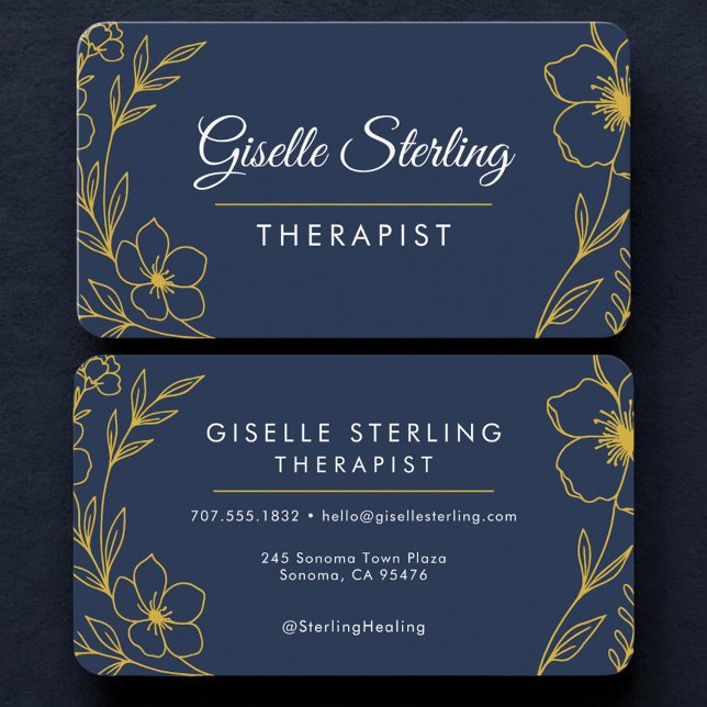 Therapist Floral Navy Blue Gold Professional Visitenkarte (Von Creator hochgeladen)
