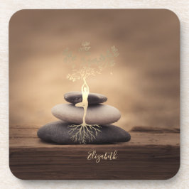 Therapist Zen Stones, Gold Tree Silhouette Brown Getränkeuntersetzer