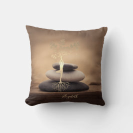 Therapist Zen Stones, Gold Tree Silhouette Brown Kissen