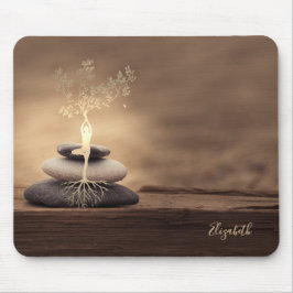 Therapist Zen Stones, Gold Tree Silhouette Brown Mousepad