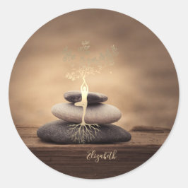Therapist Zen Stones, Gold Tree Silhouette Brown Runder Aufkleber