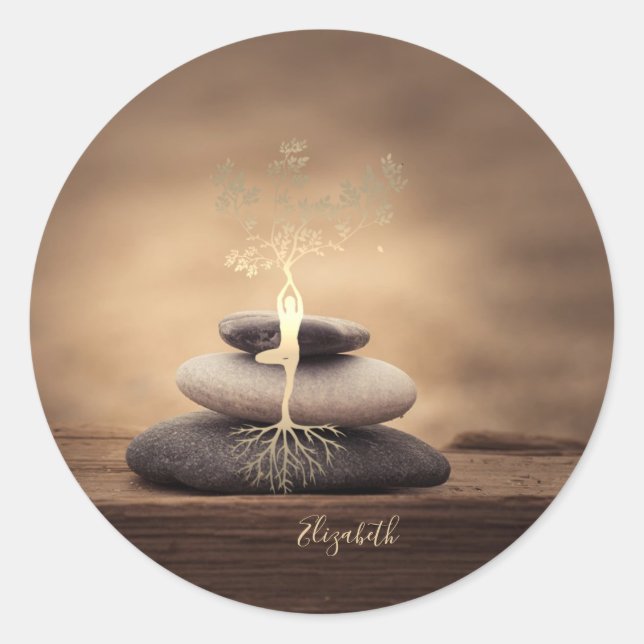 Therapist Zen Stones, Gold Tree Silhouette Brown Runder Aufkleber (Vorderseite)
