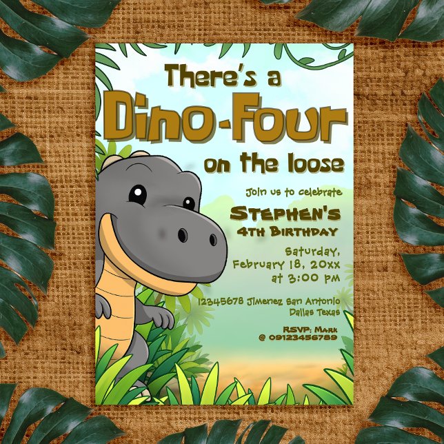 There's a Dino Four on the Loose - 4rd Birthday Einladung (There's a Dino Four on the Loose - 4rd Birthday Invitation)